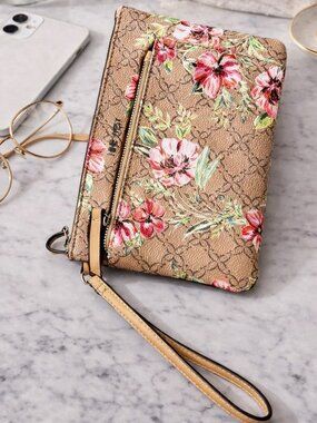 Nine West Floral Double Zip Wristlet Tan Pink Wallet Clutch